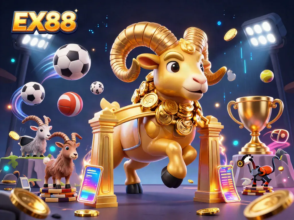 Engage with EX88's thrilling casino experience featuring a golden ram charging through a dynamic scene.