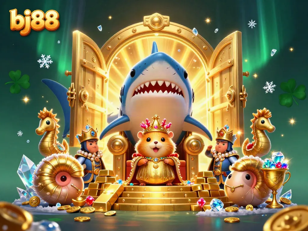 Bet on victory with bj88 as the golden hamster king reigns over riches in a vibrant casino realm.