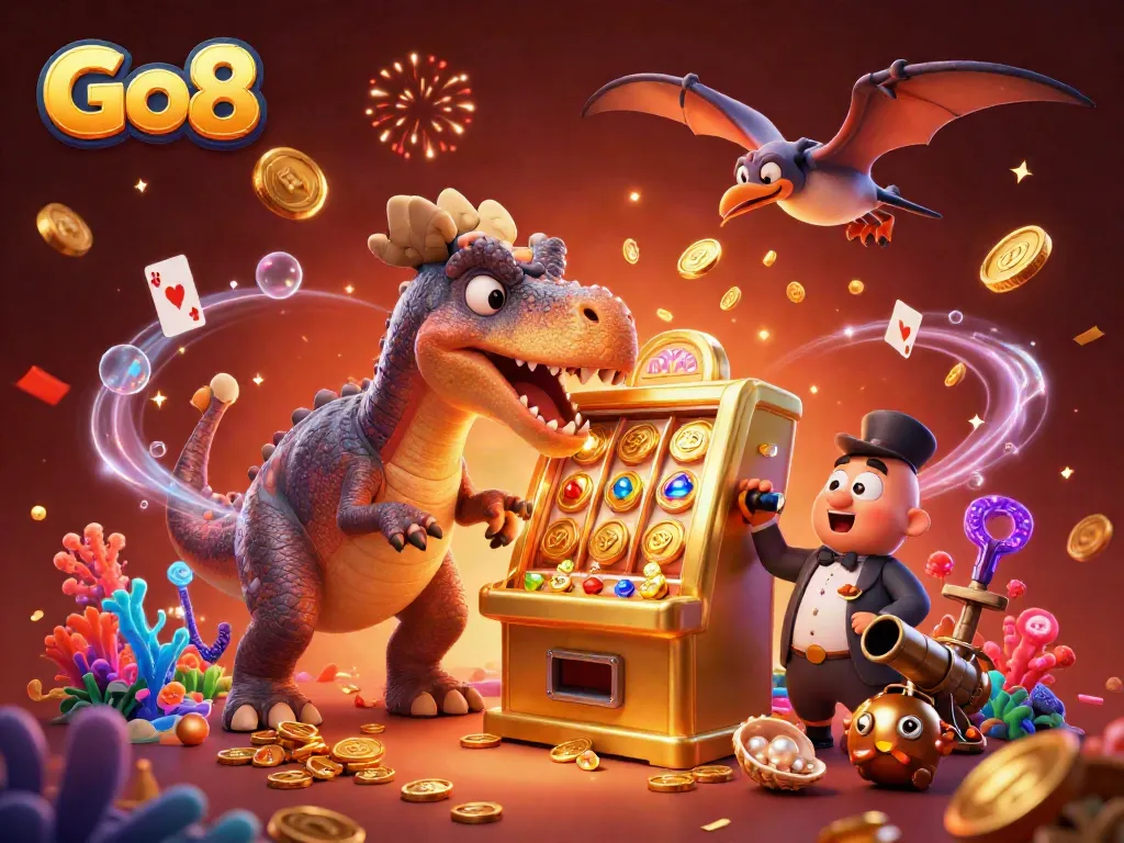 Go8 casino illustration with a pachycephalosaurus celebrating a jackpot at a golden slot machine amidst flying coins.