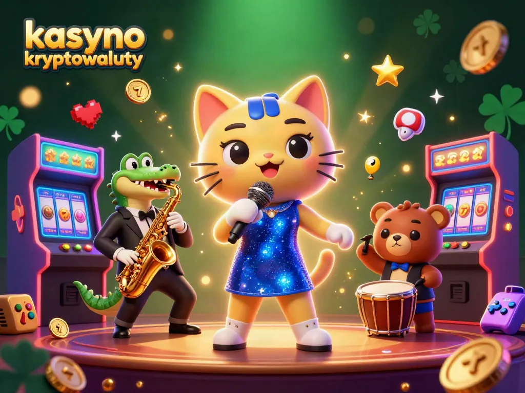Engaging scene of kasyno kryptowaluty with a jazzy cat, crocodile, and bear, surrounded by colorful games and slot reels.