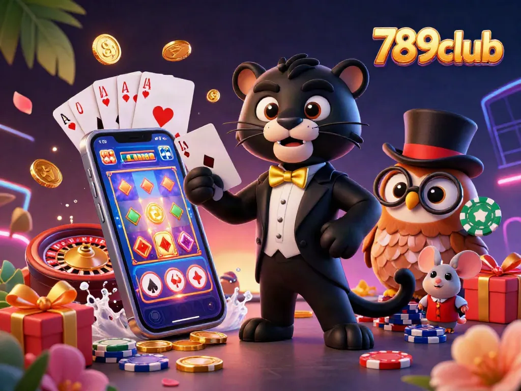 Engage with top 789club casino games featuring card dealing by a stylish panther, vibrant slot elements, and lucky characters.