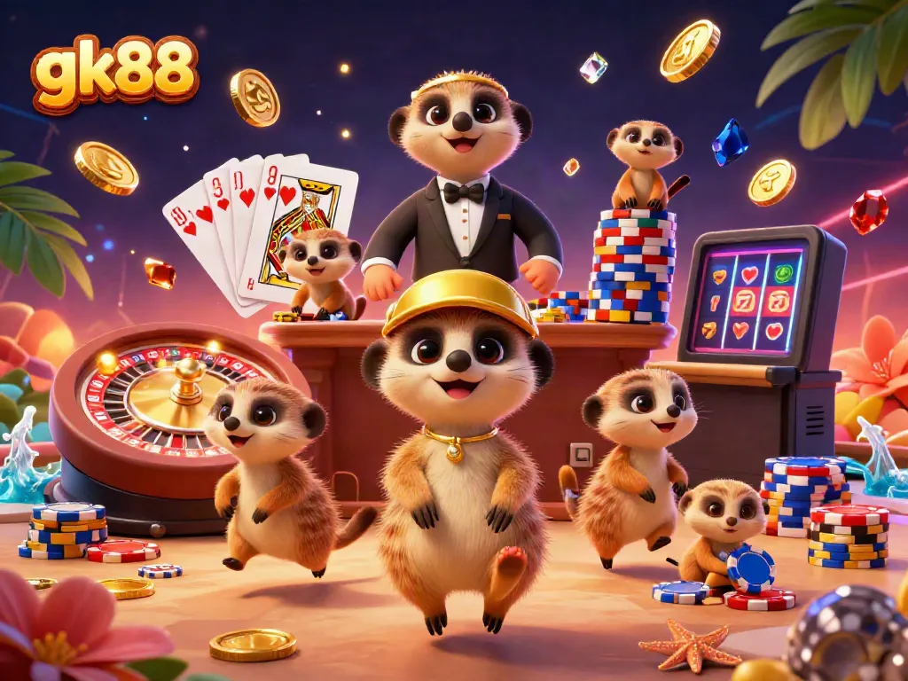 Engage with gk88's vibrant casino scene featuring cheerful meerkats managing an exciting gaming environment.