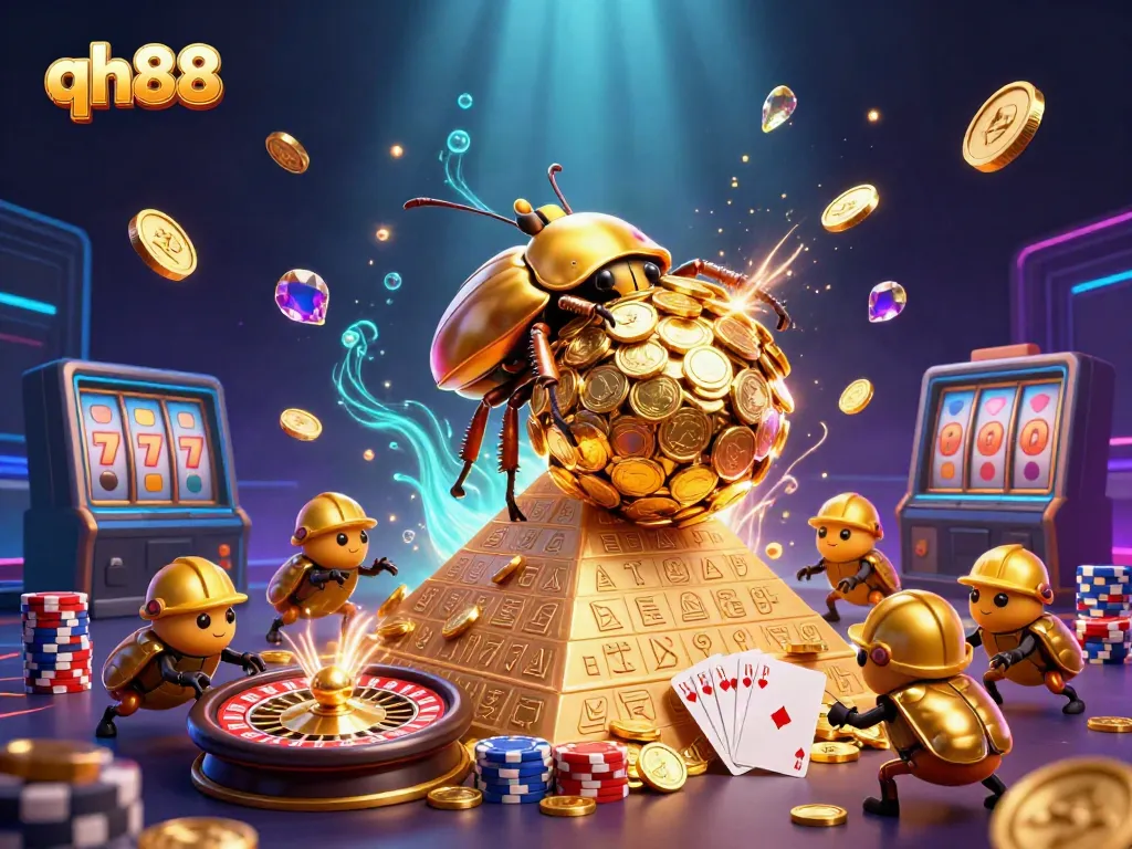 Experience thrilling gaming at qh88 with a vibrant 3D illustration of a golden beetle amid cascading coins and casino elements.