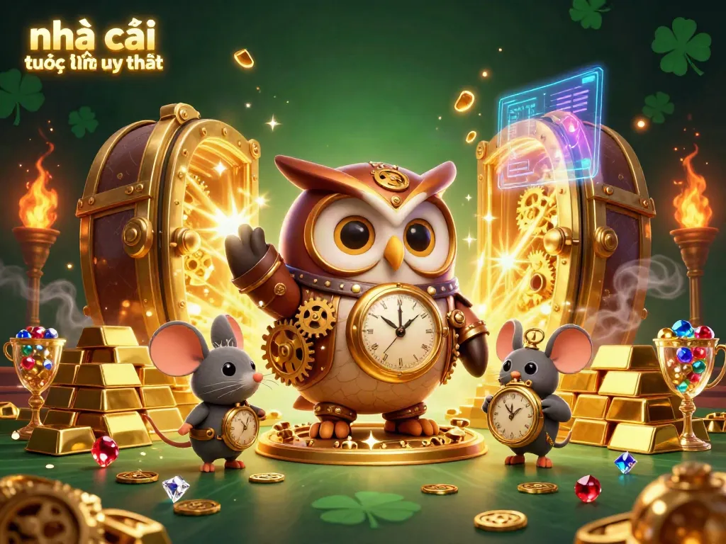 Experience the thrill of gambling at nhà cái trực tuyến uy tín with vibrant casino visuals of a time-traveling owl and treasure.
