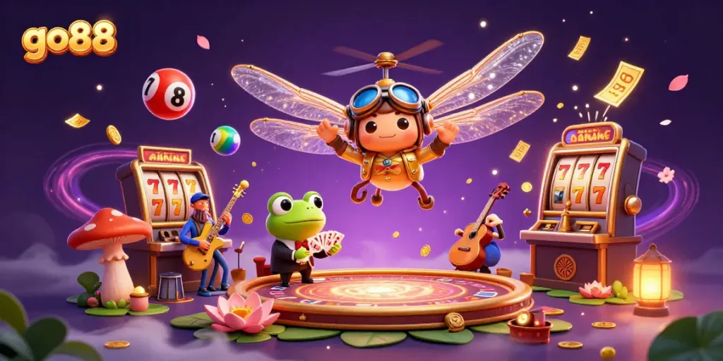 Experience thrilling gaming action at GO88 with dynamic slot reels and vibrant characters.