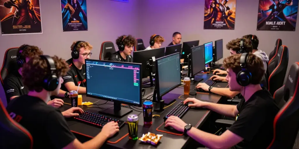 Kilat 404 gaming experience with friends in a vibrant esports environment.