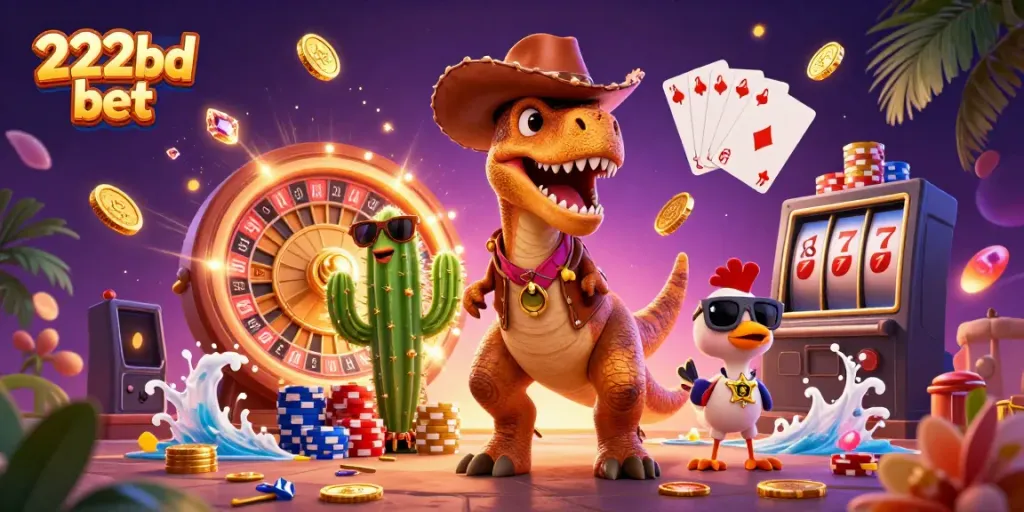 Experience the excitement of 222bd bet with a vibrant 3D illustration of a cartoon cowboy dinosaur and casino elements.