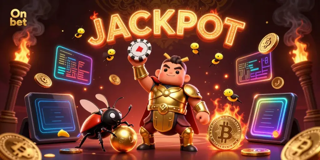 Engage with On bet's thrilling victory scene featuring a heroic beetle celebrating a big win among vibrant gaming elements.