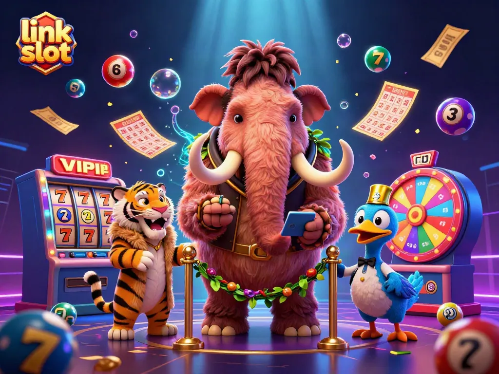 Engage with exciting link slot action featuring vibrant characters at a dazzling casino entrance.
