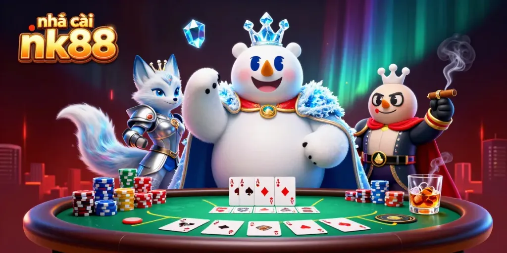 Engage with nhà cái nk88 in an immersive 3D casino scene featuring a royal polar bear and silver fox.