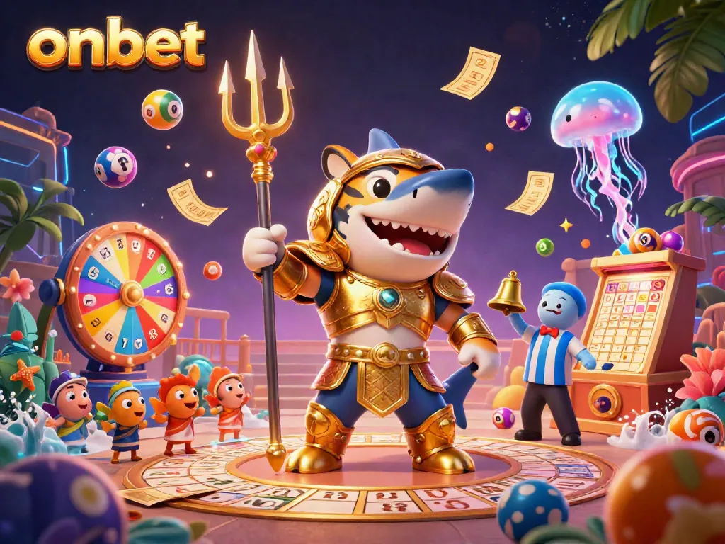 Engage with onbet's dynamic lottery scene featuring a gladiator shark and vibrant game elements.