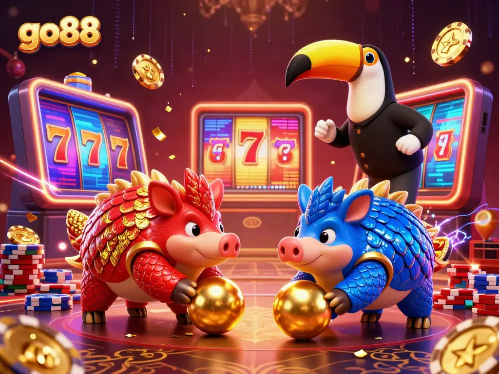 Engage with go88's vibrant gaming scene featuring rival pangolins in a dynamic casino atmosphere.