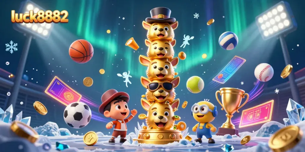 Engage with luck8882’s vibrant gaming world featuring a dynamic golden totem and lively sports elements.