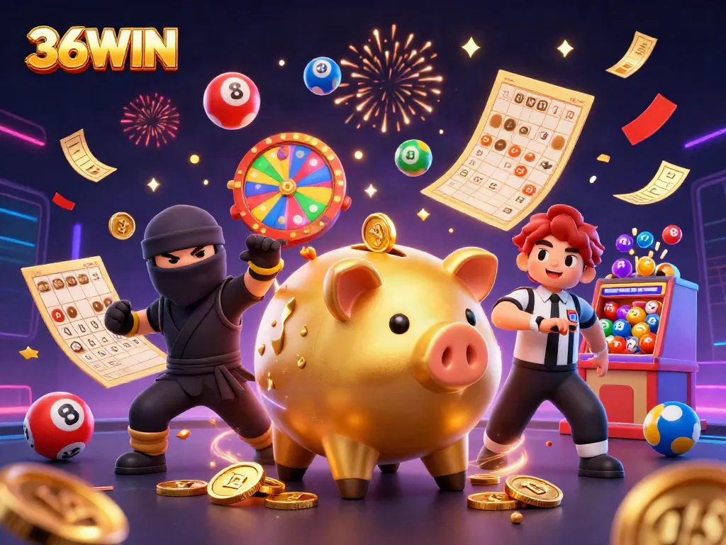 Experience the thrill of 36WIN as the golden piggy bank sumo wrestler unleashes coins and excitement.