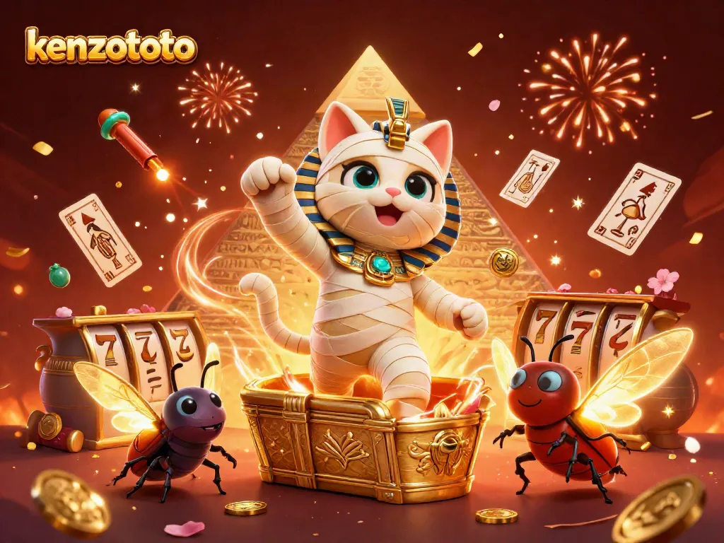 Experience the excitement of kenzototo with an Egyptian mummy cat bursting from a golden sarcophagus amidst dazzling casino elements.