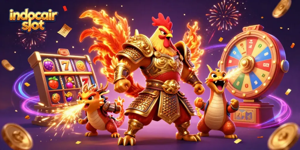 Ilustrasi 3D karakter jagoan dengan tema indocair slot bersaing dalam permainan slot penuh warna.