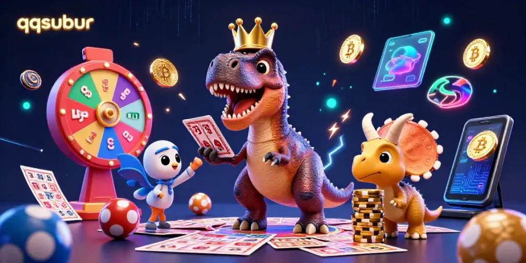 Engage with QQSUBUR’s vibrant lottery scene featuring a charming T-Rex, playful cards, and glowing crypto coins.