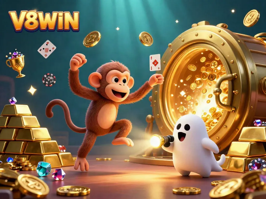Experience the thrill of V8WIN in this lively casino scene with a playful monkey and detective puppy.