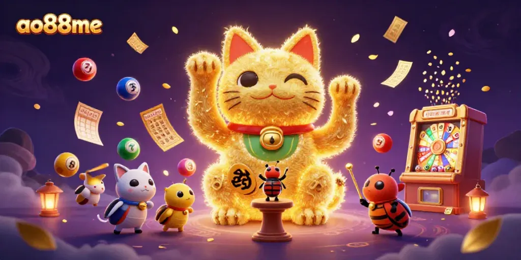 Engage with ao88me's vibrant casino world featuring a colorful lucky cat, lottery elements, and dynamic energy.