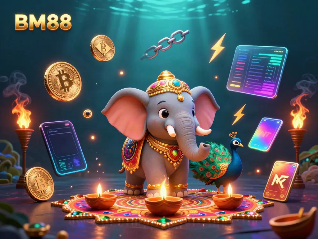 Experience the excitement of BM88 casino with vibrant 3D visuals of gaming characters and crypto elements.