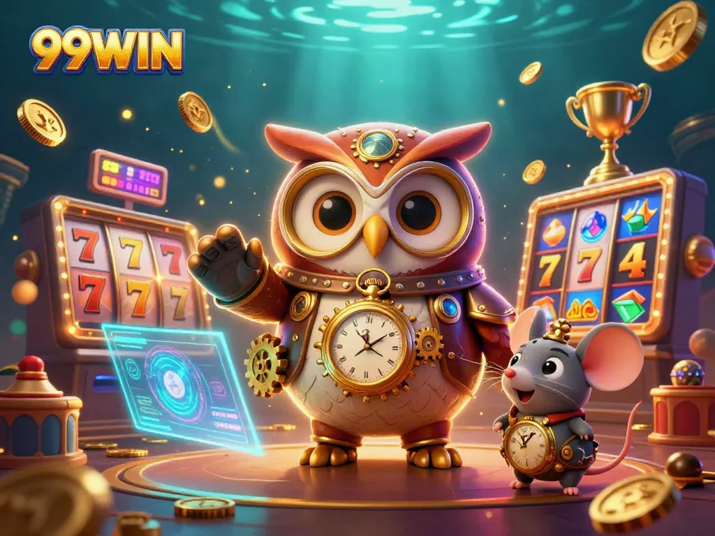 Engage with thrilling slot experiences at 99WIN, featuring cartoon characters embracing the excitement of casino winnings.