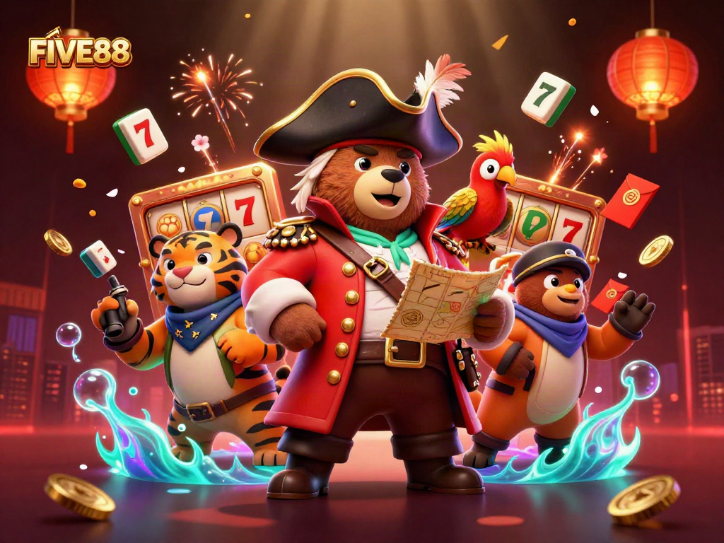 Spin and win with FIVE88's thrilling casino adventure featuring vibrant characters and gaming elements.