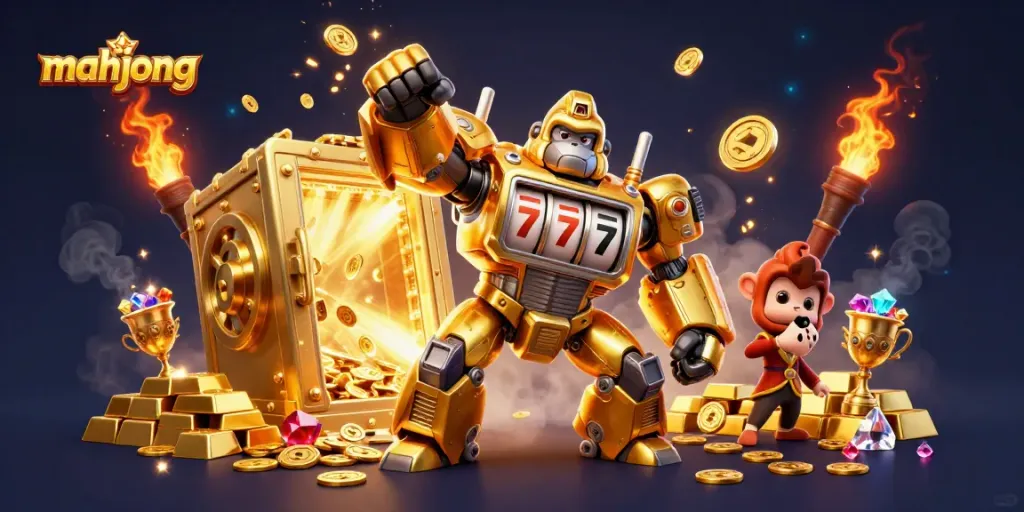 Menangkan permainan mahjong dengan gorila emas mech dan gulungan slot penuh harta karun.