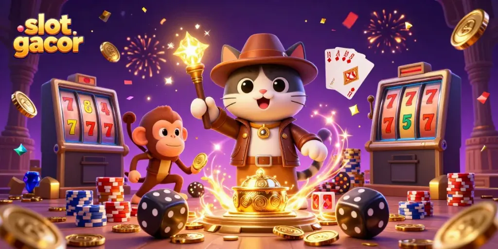 Slot gacor, kucing penjelajah dan monyet mencari artefak kasino di kuil dengan koin emas berceceran.