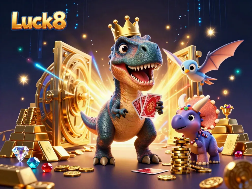 Experience the excitement of Luck8 with a playful T-Rex and vibrant casino elements in a cartoonish 3D scene.