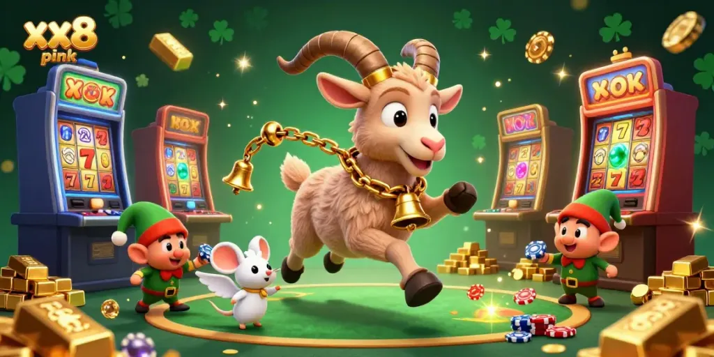 Experience the exciting world of xx8 pink with a vibrant casino scene featuring whimsical characters and treasures.