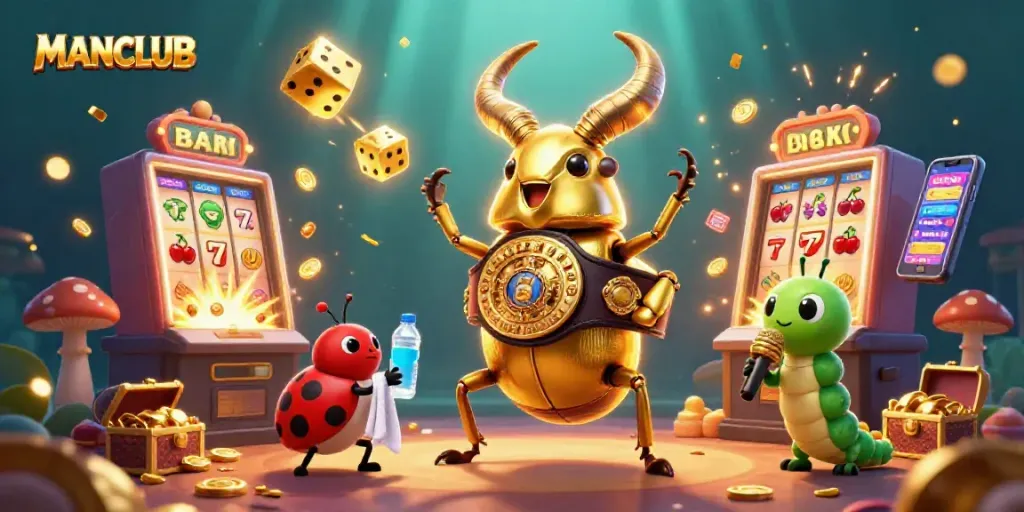Experience the excitement of MANCLUB with a vibrant slot machine jackpot scene featuring unique characters.