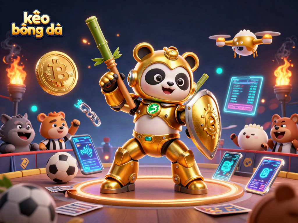 Engage with kèo bóng đá as a mech-suit panda battles in a vibrant betting arena.