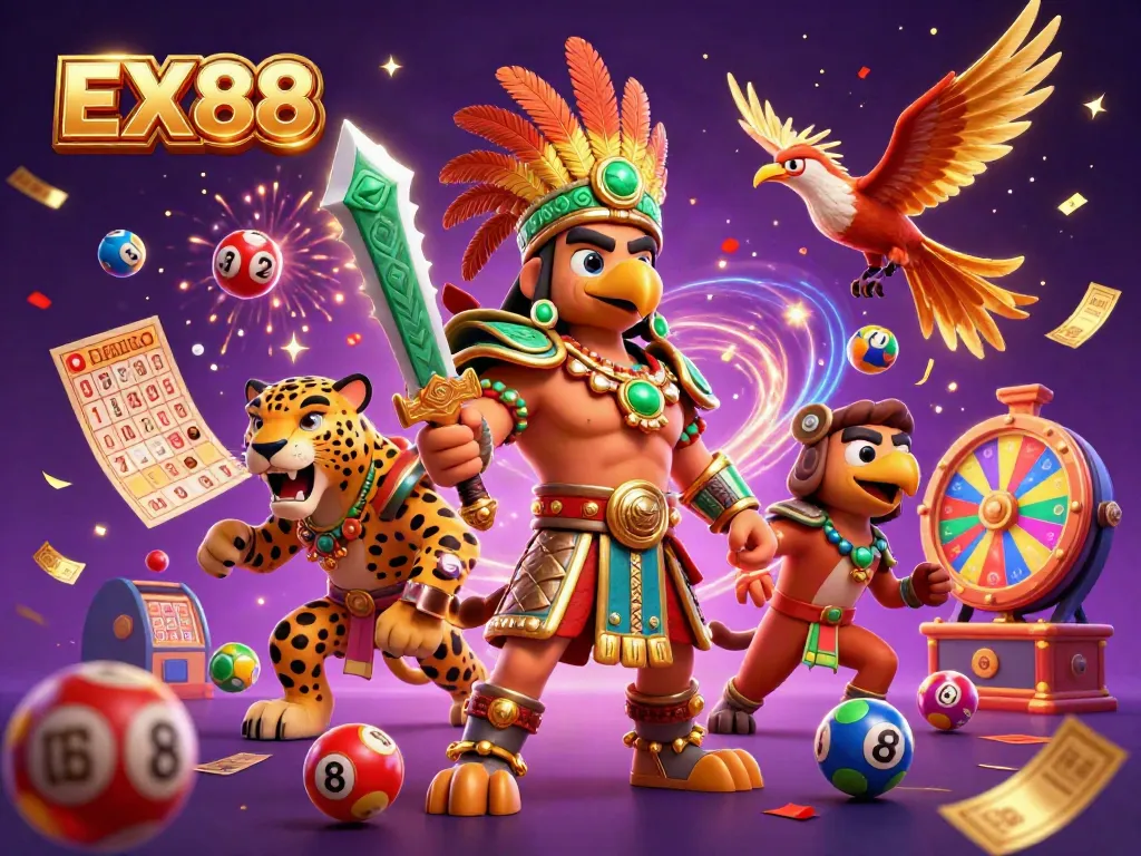 Engage in thrilling luck with EX88 lottery balls and festive atmosphere in a 3D casino scene.