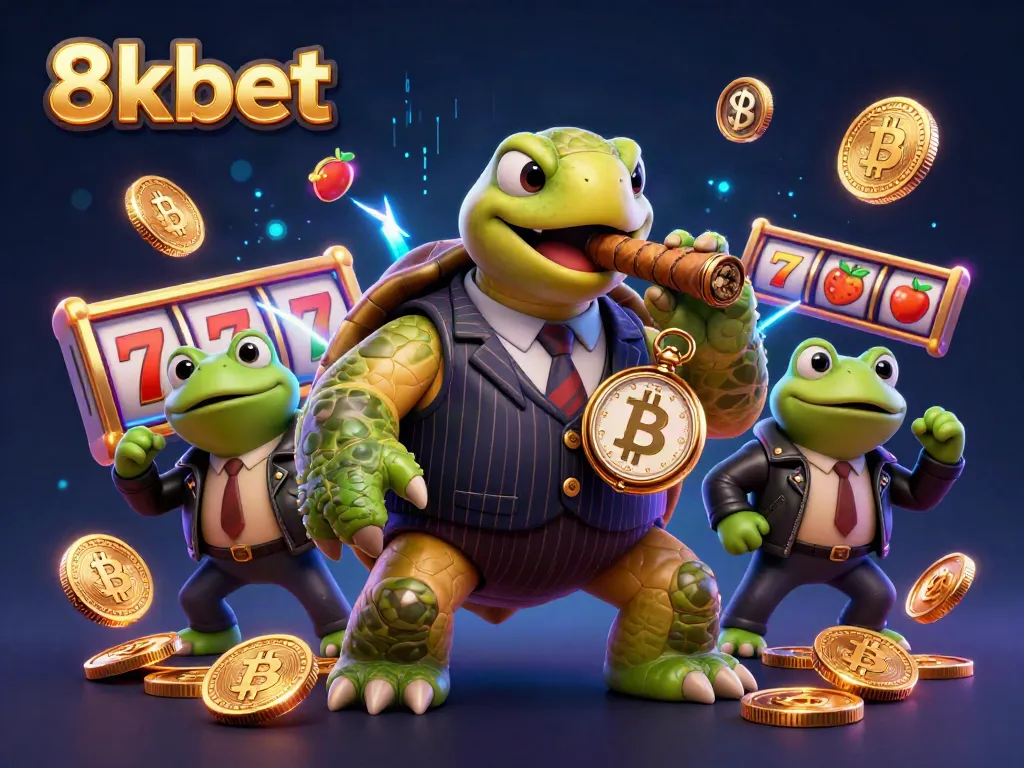 Experience the vibrant world of gambling with the animated turtle and bullfrog characters of 8kbet in this ultra-detailed casino scene.