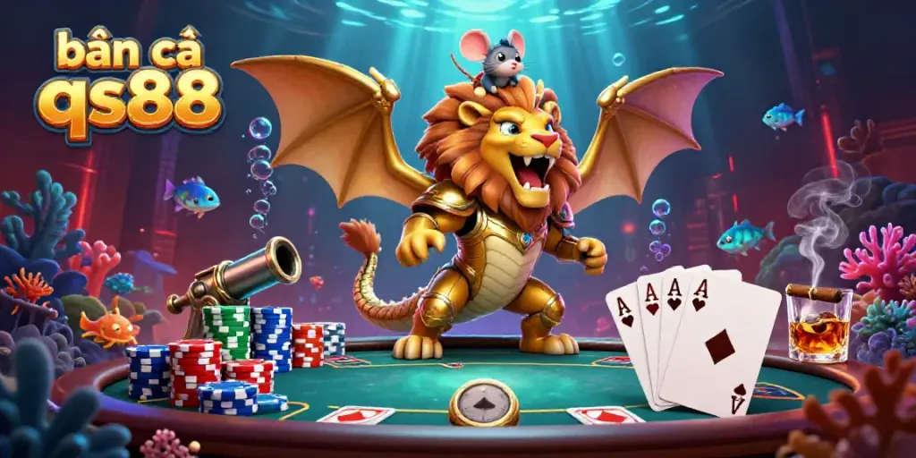 Experience bắn cá qs88 with a vibrant underwater castle scene featuring a chimera and fishing elements.