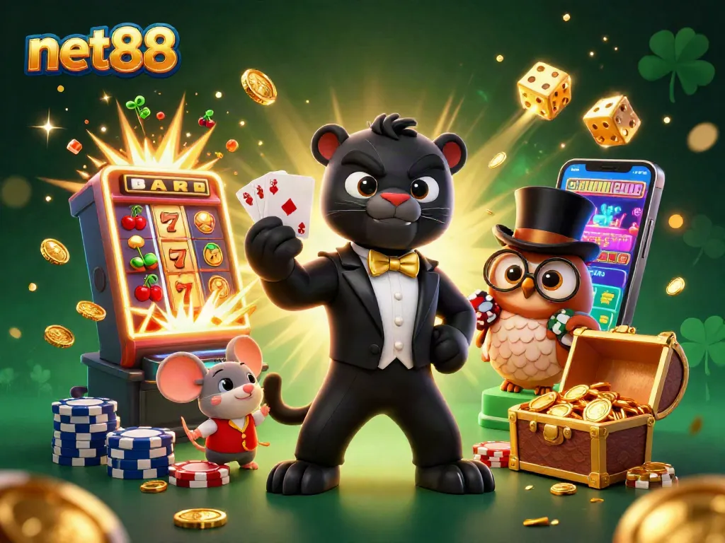 Experience thrilling card deals and jackpot wins with net88's vibrant 3D casino scene featuring iconic characters.