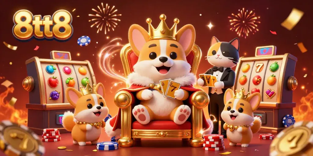 Experience the lavish 8tt8 casino fantasy with a royal corgi on a poker chip throne amidst dazzling game symbols.