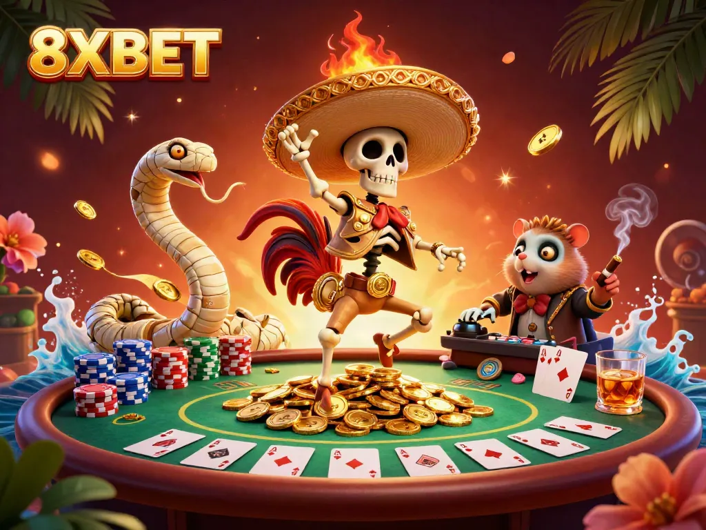 Engaging illustration depicting 8XBET with a vibrant casino scene showcasing winning stakes and animated characters.