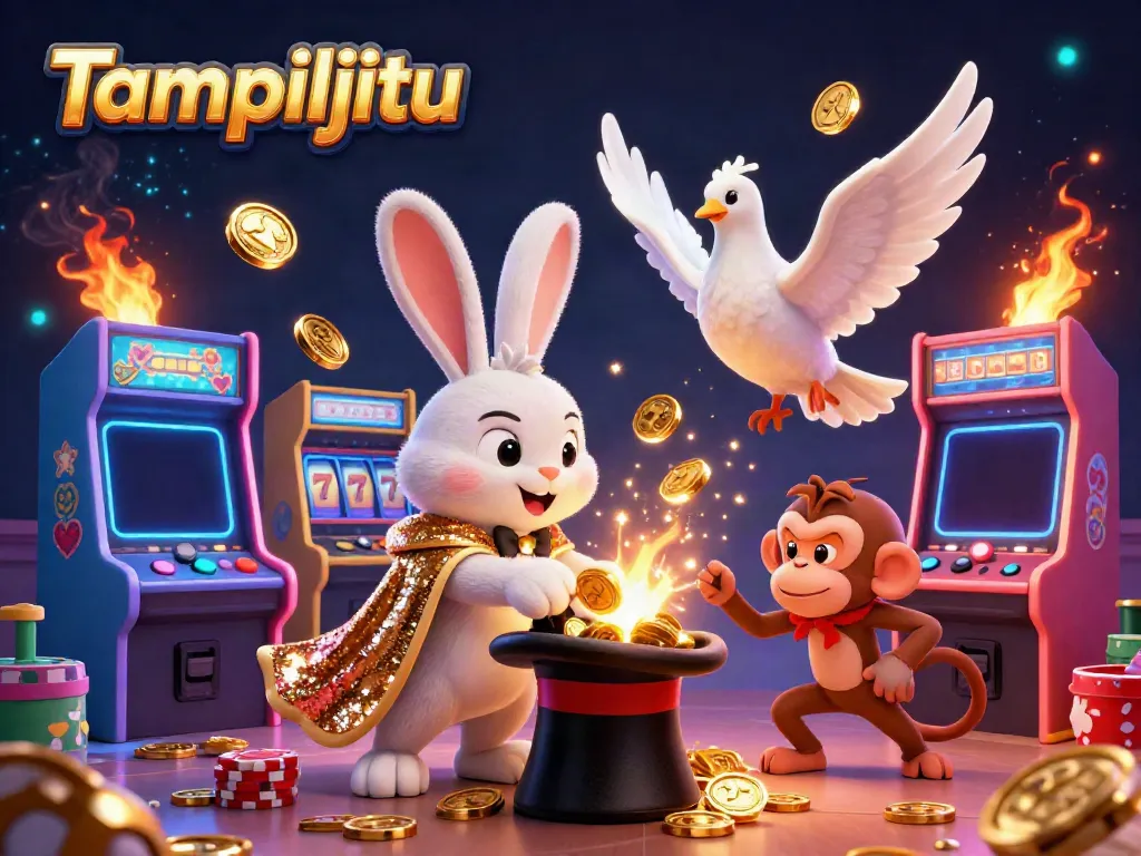 Experience the magic of Tampiljitu with a cartoon magician rabbit pulling coins, enhancing the casino atmosphere.