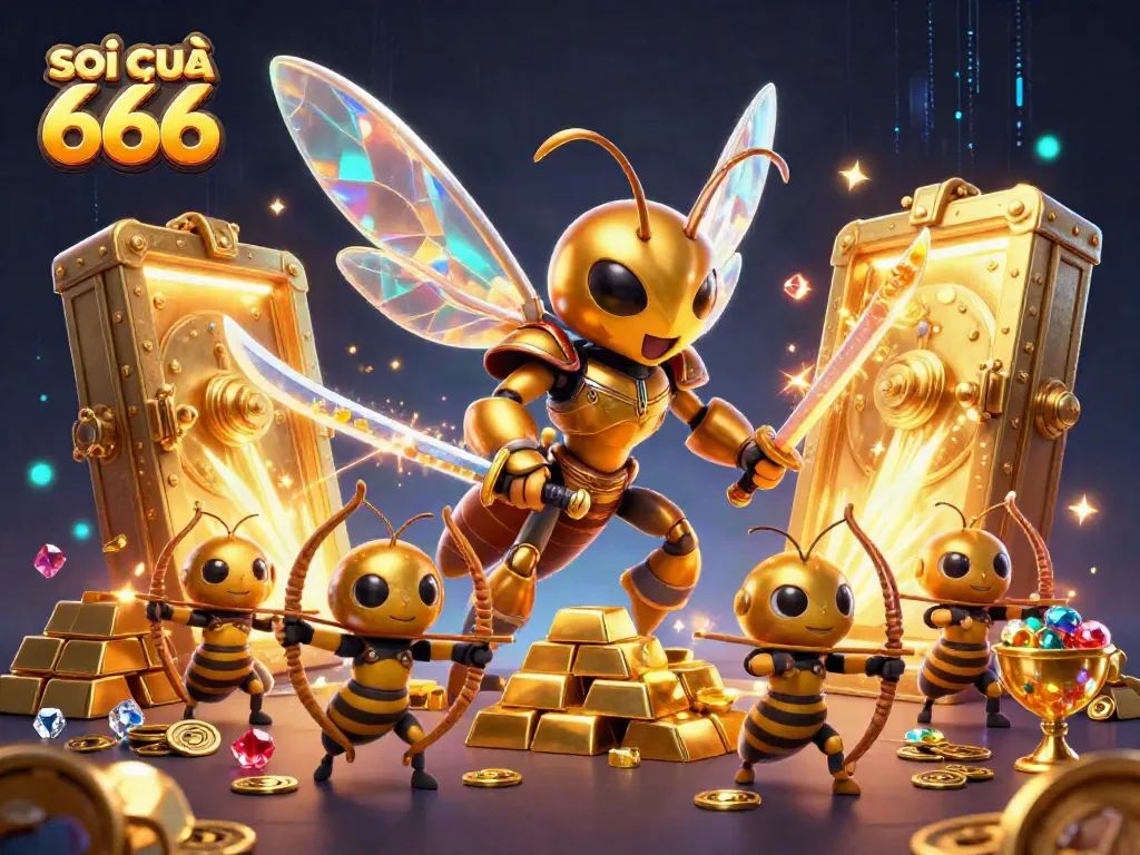 Soi cầu 666 illustration featuring a golden hornet, samurai elements, and treasure in a dynamic scene.