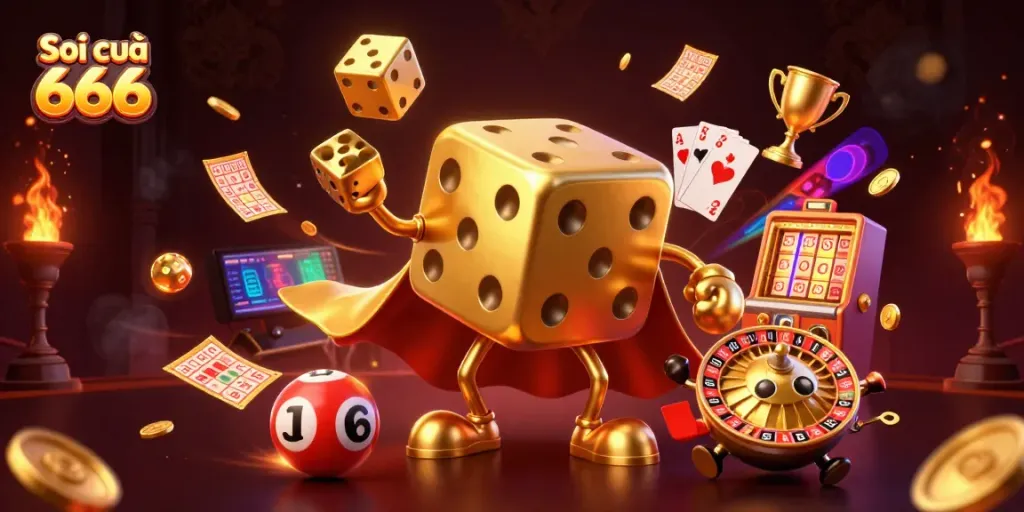 Soi cầu 666 showcases a fantasy lottery scene with golden dice and dynamic lottery elements, emphasizing engagement and fun.