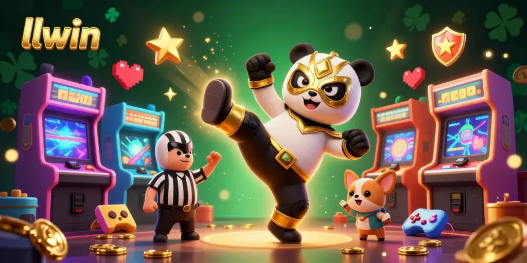 Experience thrilling gaming with llwin as a panda wrestler delivers a kick in a dynamic casino scene.