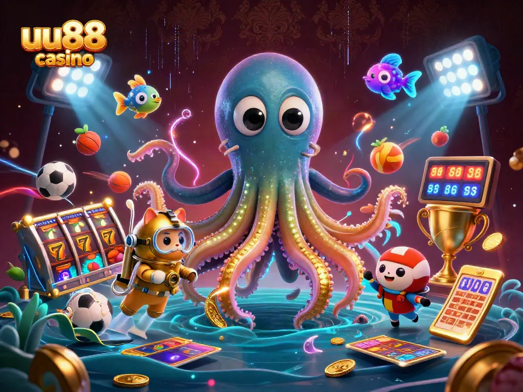 Experience the thrill at uu88 casino with a vibrant 3D illustration featuring a kraken and diving cat!