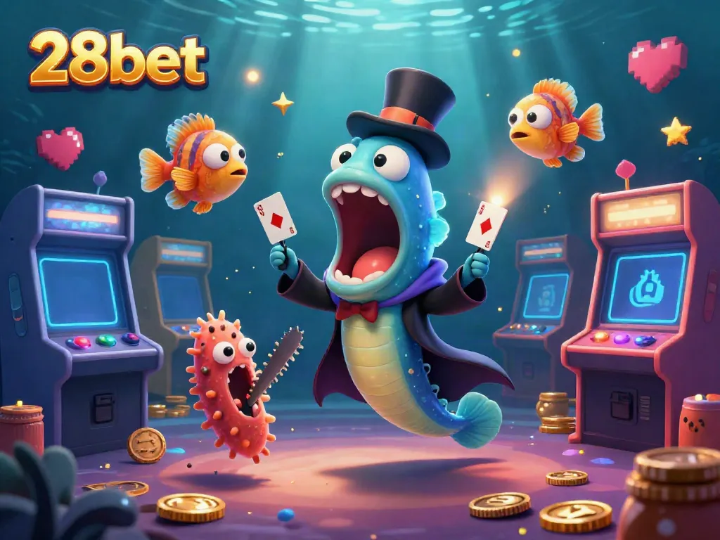 Engage in exciting gameplay with 28bet while enjoying vibrant casino-themed whimsical marine life illustration.