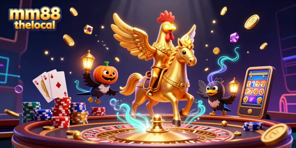 Experience the thrill of mm88 thelocal with a golden rooster and casino elements.
