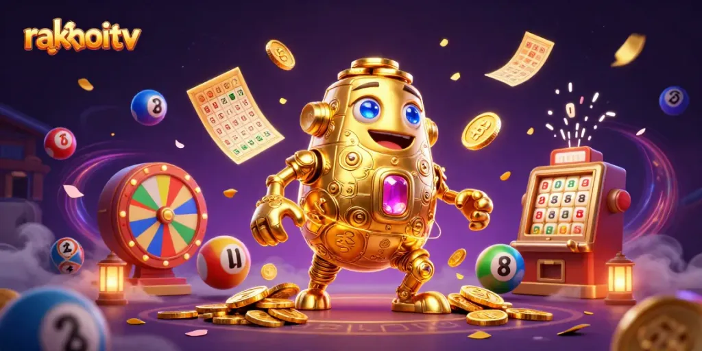 Win big with rakhoitv by engaging with a vibrant 3D illustration of a golden golem amidst lively gambling imagery.