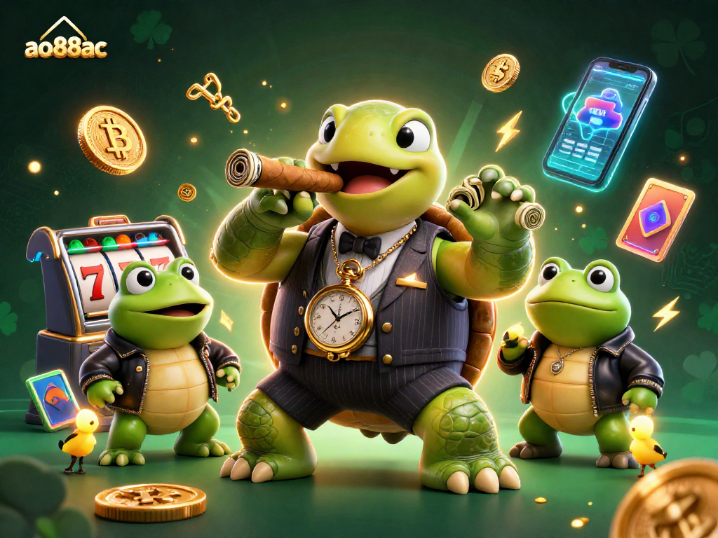 Engage in thrilling casino action with ao88ac featuring a snapping turtle in a mobster suit and vibrant game elements.