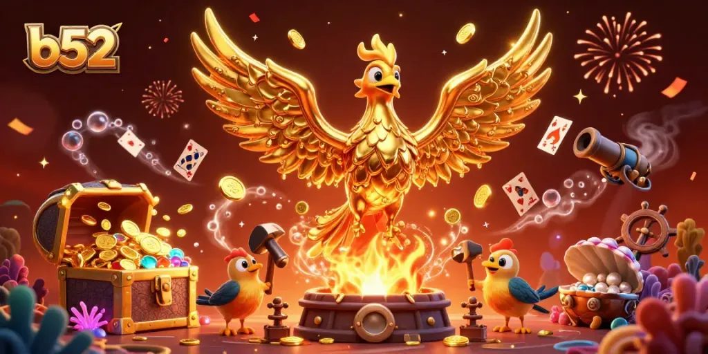 Experience the thrill of winning at B52 casino with golden phoenix and vibrant game elements bursting with excitement.