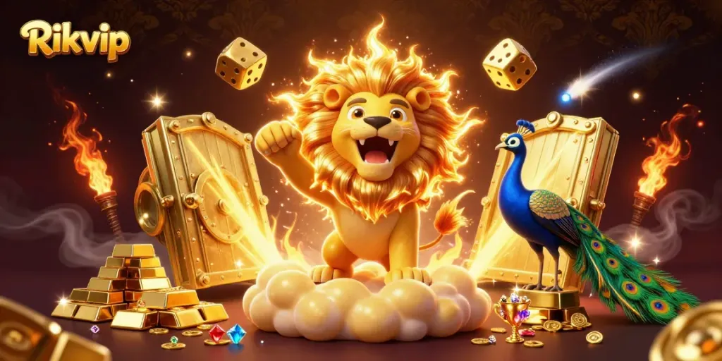 Engage in thrilling gaming at Rikvip with vibrant casino elements in a dazzling scene