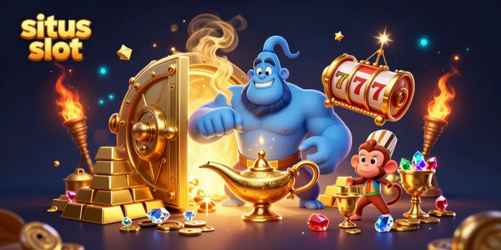 Permainan situs slot dengan elemen genie dan karpet terbang yang mengelilingi tumpukan koin emas.